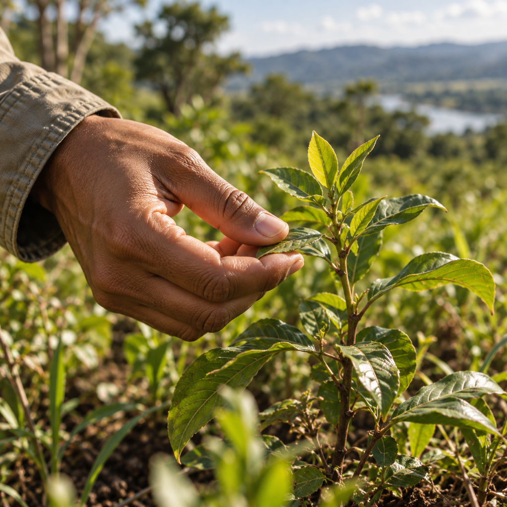 Inspecção de uma planta nativa no terreno